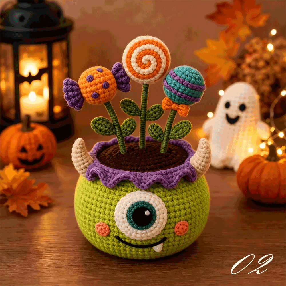 Handmade Crochet Halloween Potted Plant | Cute Spooky Desk Decor Halloween Gift Idea