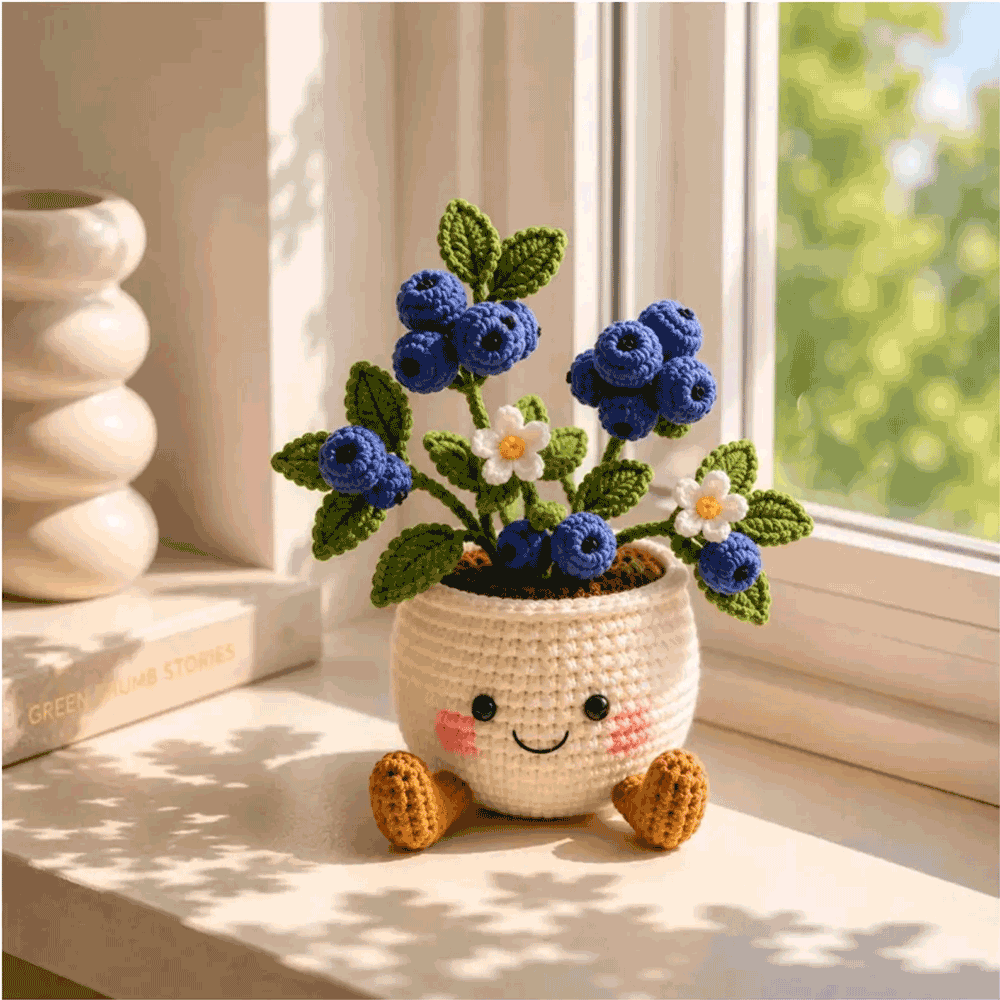Handmade Crochet Fruit Flower Pot - Cute Blueberry Lemon Orange Desk Decor - Cozy Crochet Planter & Fruit Lover Gift
