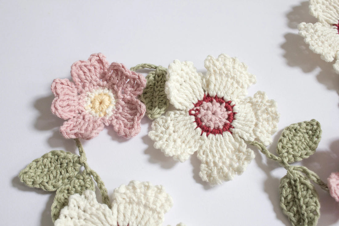 Handmade Crochet Wild Rose Garland – Pink & White Flower Nursery Decor