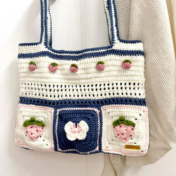 Strawberry Granny Square Crochet Bag | Blue Crochet Tote Bag | Kawaii Fruit Bag