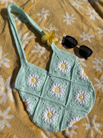 Green Crochet Granny Square Tote Bag - Shoulder Bag - Flower Crochet Bag