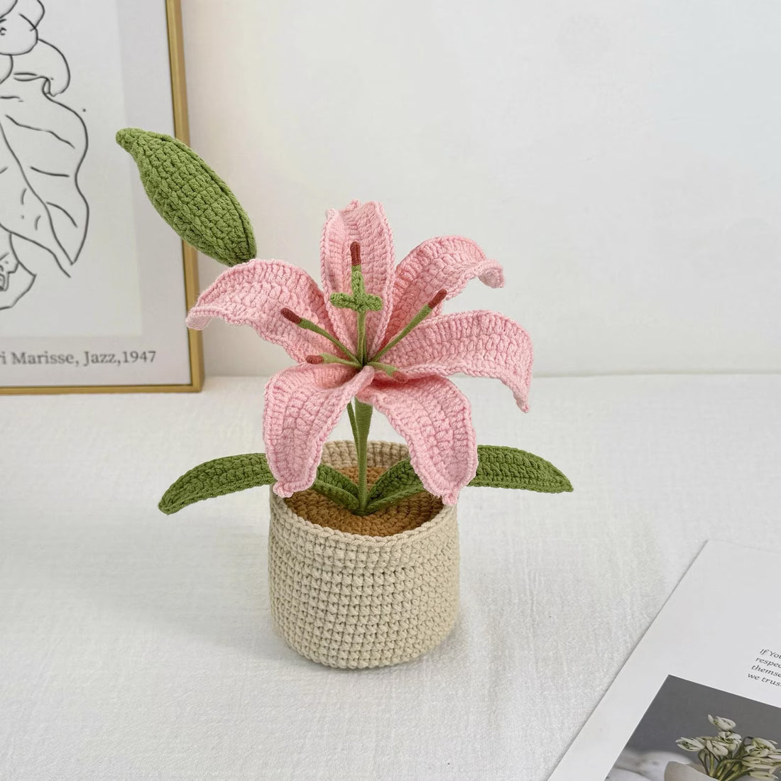 Handmade Crochet Lily Flower in Pot - Personalized Message Tag | Cute Desk & Home Decor | Unique Gift for Her