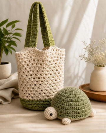 2-in-1 Crochet Turtle Produce Bag – Reversible Plush Market Tote