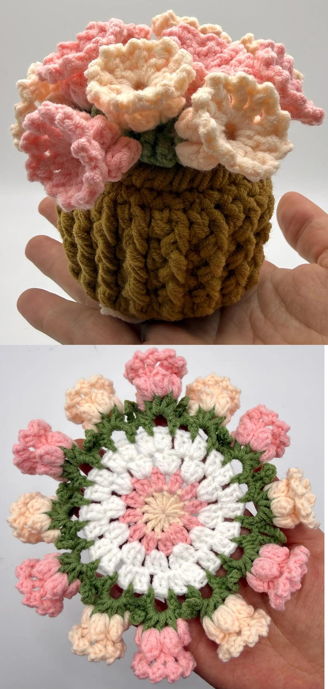 Handmade Crochet Flower Coasters with Cart Basket Holder – Floral Set Sunflower, Lily of the Valley, Rose | Home Decor Gift, House Warming, Cup & Mug