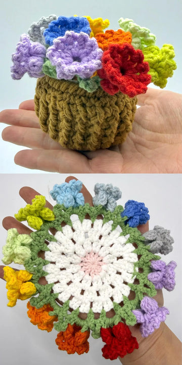 Handmade Crochet Flower Coasters with Cart Basket Holder – Floral Set Sunflower, Lily of the Valley, Rose | Home Decor Gift, House Warming, Cup & Mug