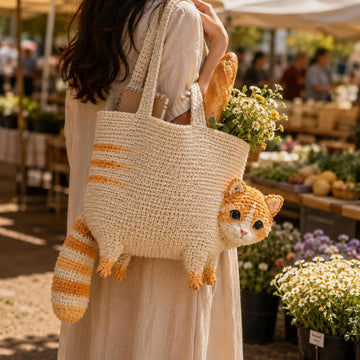 Handmade Crochet Orange Tabby Cat Tote Bag