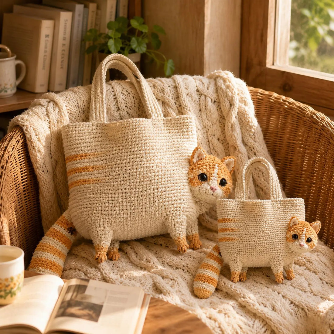 Handmade Crochet Orange Tabby Cat Tote Bag