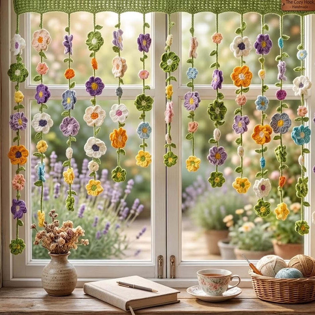 Crochet Sunflower Curtain – Handmade Daisy Window & Nursery Wall Decor