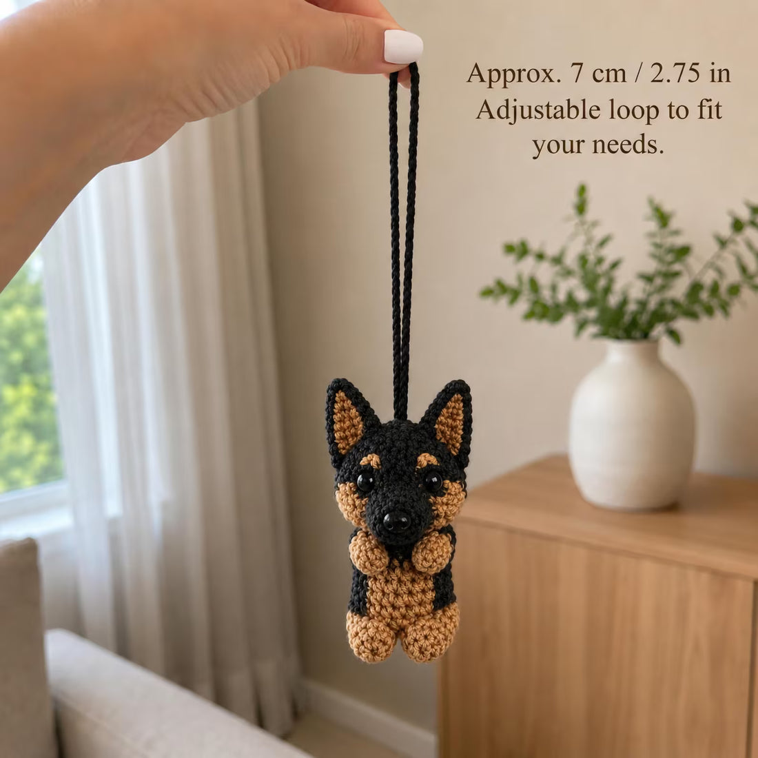 Handmade Crochet German Shepherd Car Charm | Custom Pet Rearview Mirror Hanging Ornament | Cute Bag Charm & Xmas Tree Decor | Dog Lover Gift for Her