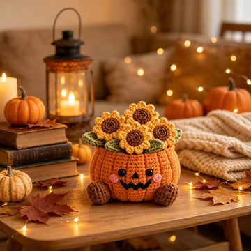 Handmade Crochet Halloween Character Flower Pot, Cute Fall Desk Decor, Thanksgiving and Halloween Gift