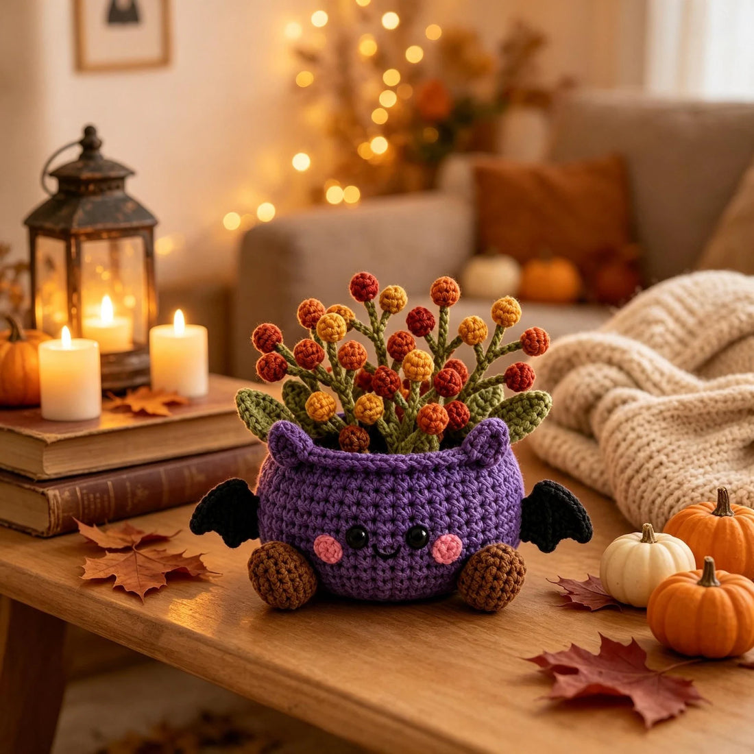 Handmade Crochet Halloween Character Flower Pot, Cute Fall Desk Decor, Thanksgiving and Halloween Gift
