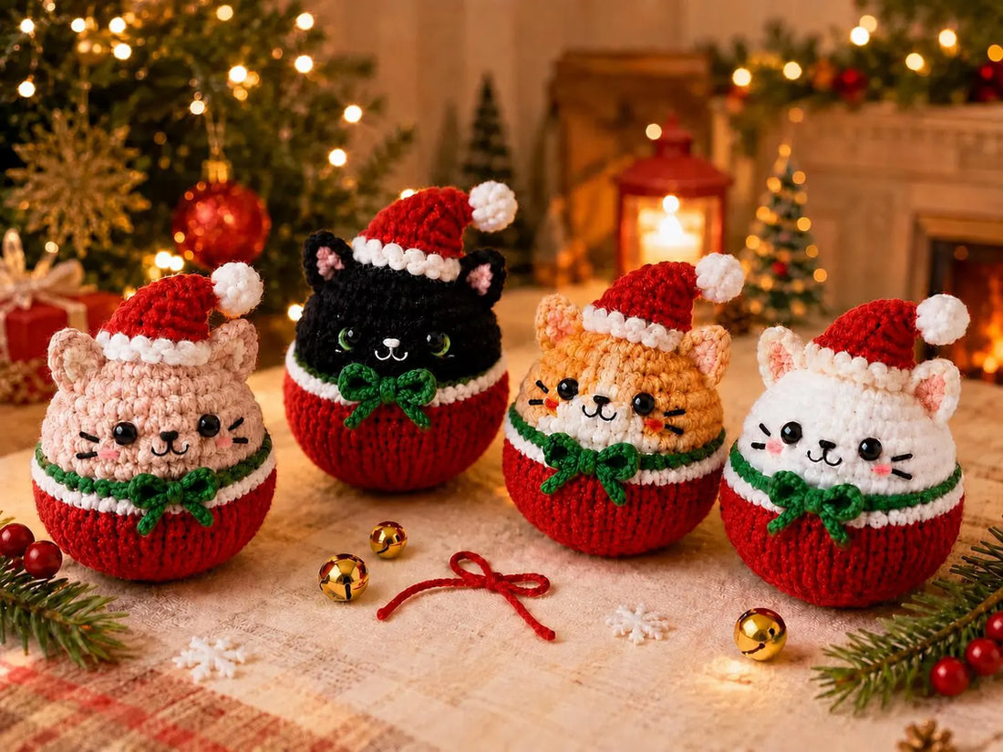 Custom Crochet Cat Ball Ornament - Handmade Christmas Tree Decor - Personalized Cat Lover Xmas Gift