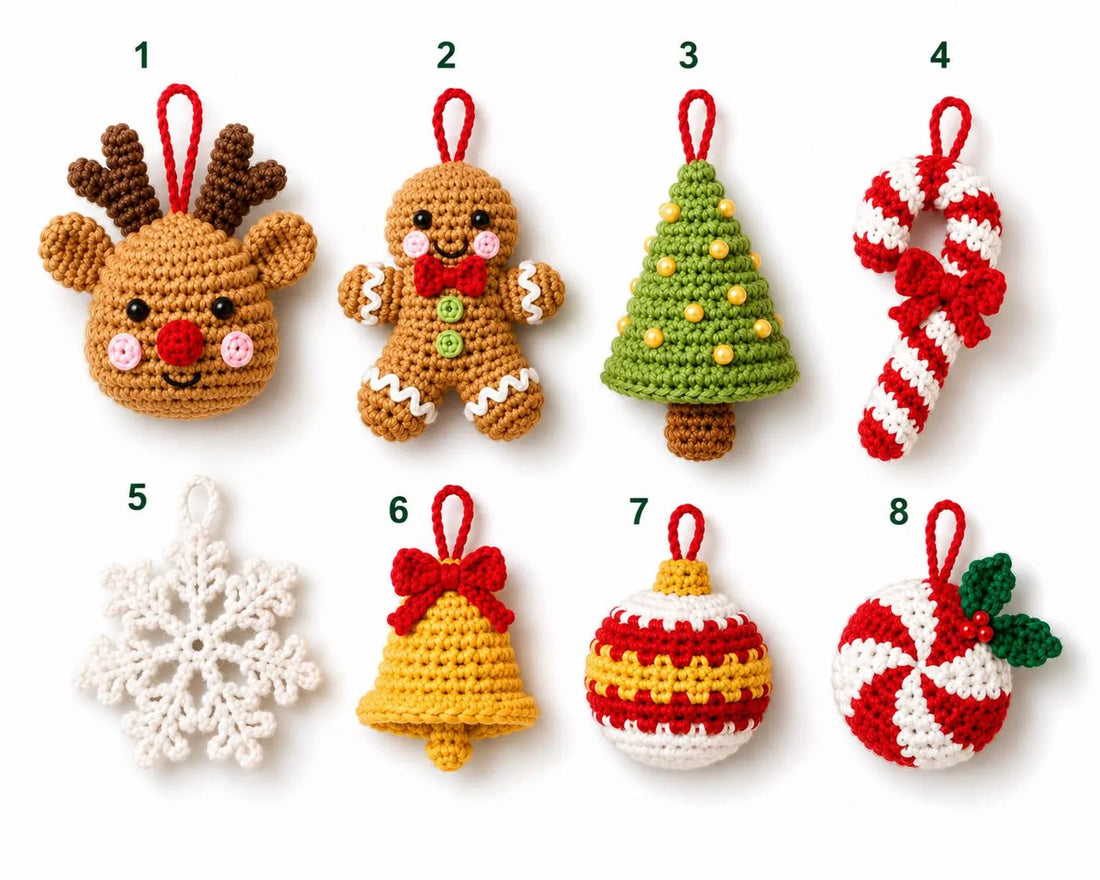 Handmade Crochet Christmas Ornament Set | Cute Reindeer & Gingerbread Xmas Tree Decor | Holiday Gift