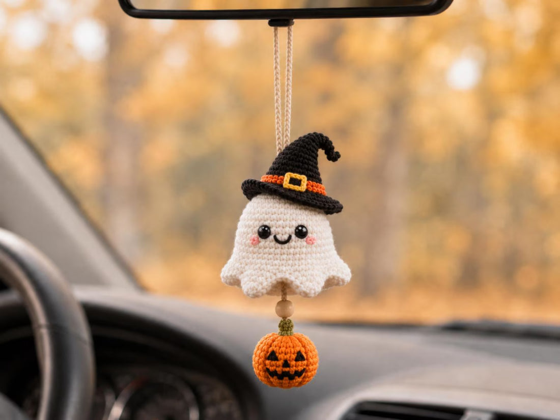 Handmade Halloween Crochet Car Mirror Charm & Grim Reaper Keychain | Spooky Ghost & Pumpkin