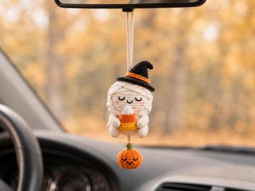 Handmade Halloween Crochet Car Mirror Charm & Grim Reaper Keychain | Spooky Ghost & Pumpkin