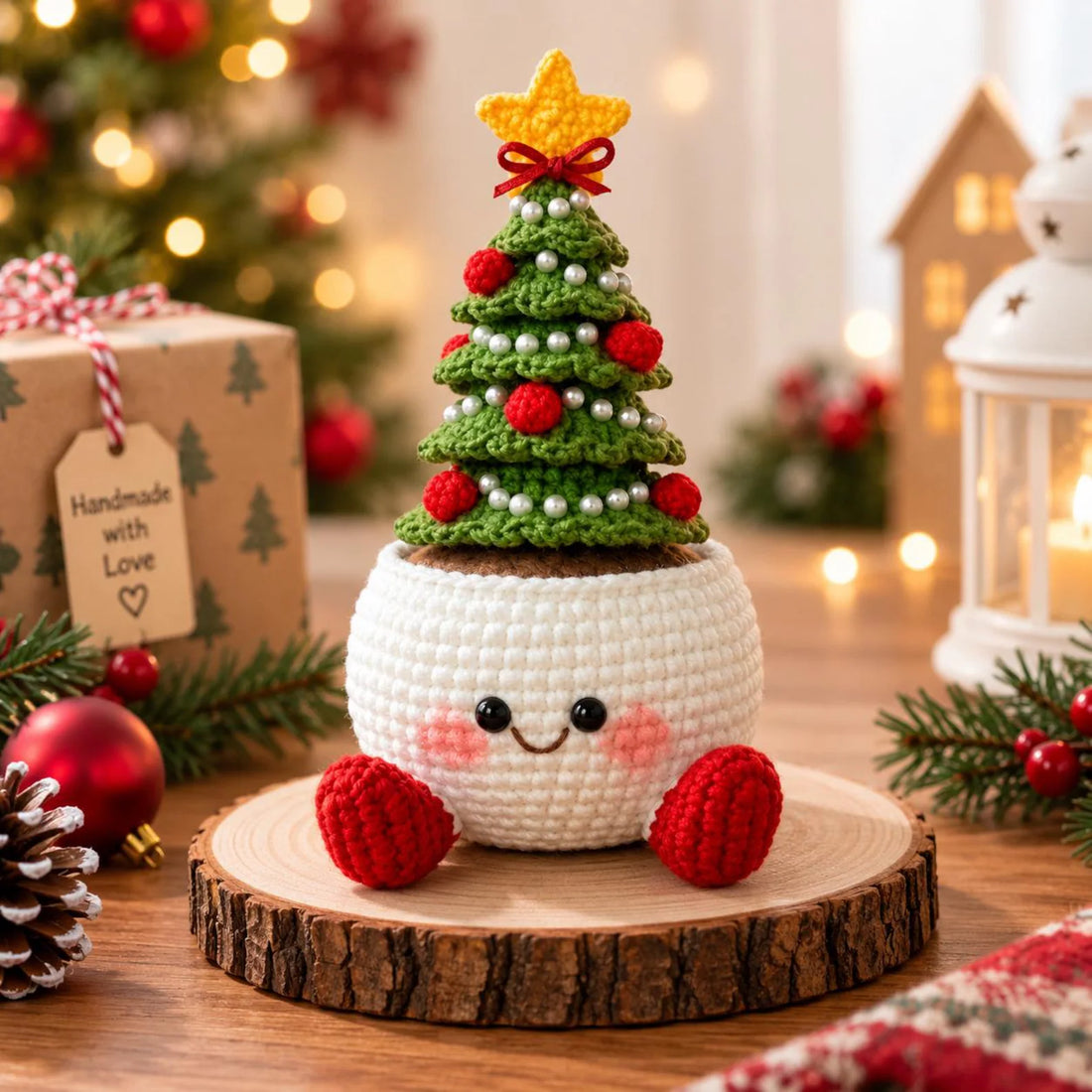 Handmade Crochet Christmas Flower Pot | Cute Holiday Decor & Winter Gift | Christmas Tree, Snowman, Bell & Berry Desk Planter