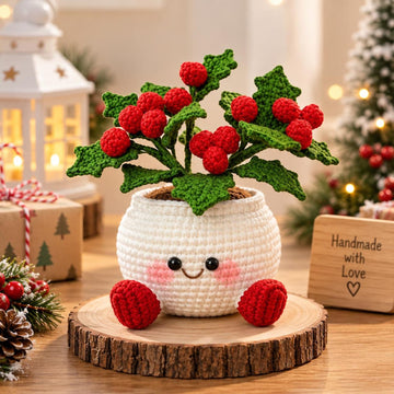 Handmade Crochet Christmas Flower Pot | Cute Holiday Decor & Winter Gift | Christmas Tree, Snowman, Bell & Berry Desk Planter