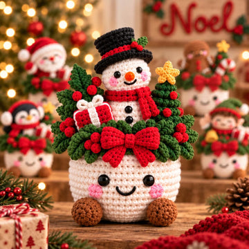Handmade Crochet Christmas Planter Basket - Cute Santa, Snowman & Tree Holiday Shelf Sitter Decor