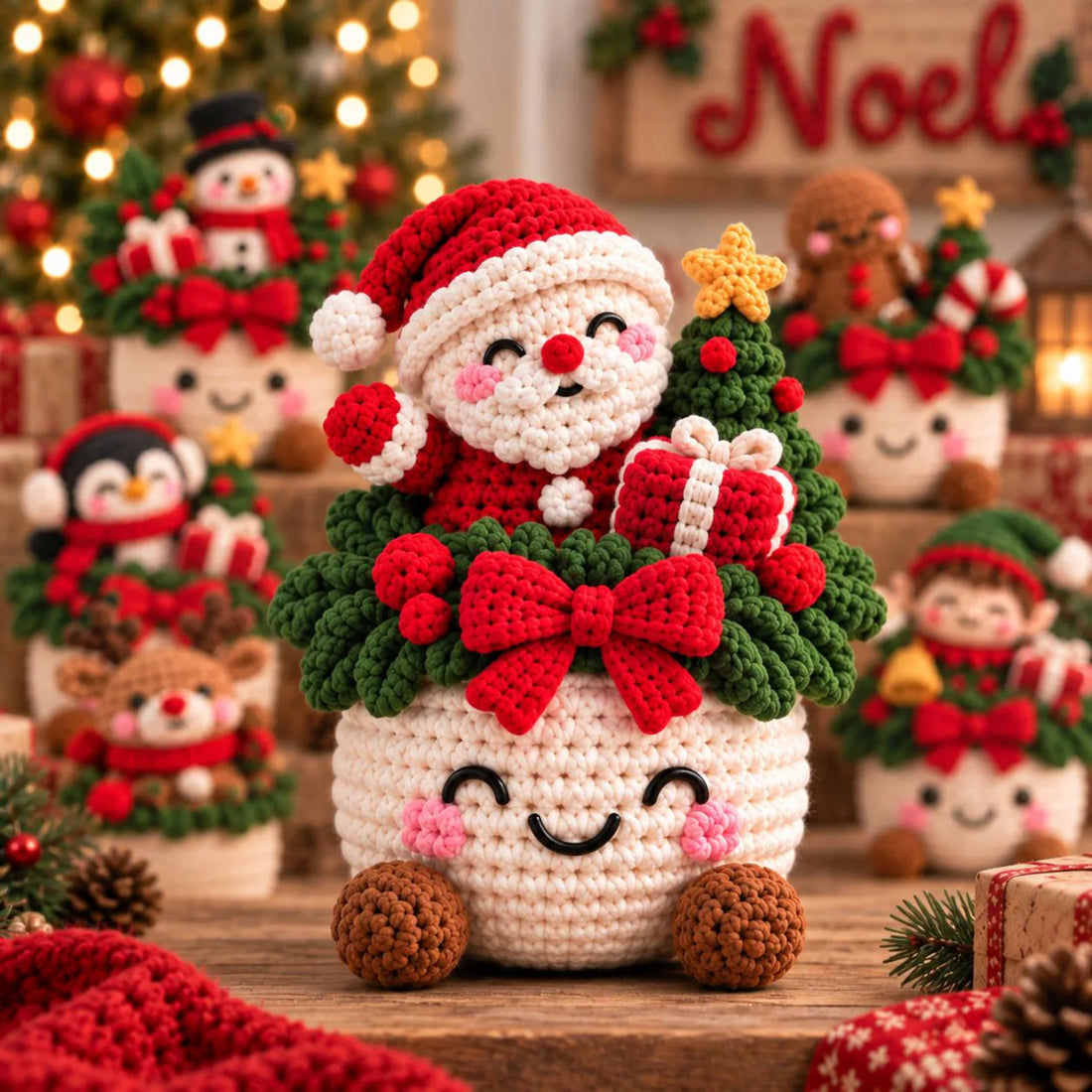 Handmade Crochet Christmas Planter Basket - Cute Santa, Snowman & Tree Holiday Shelf Sitter Decor