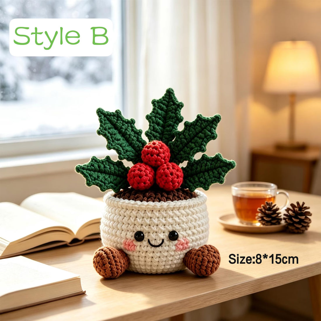 Crochet Christmas Potted Plant Ornament, Handmade Amigurumi Xmas Tree Cactus Holly Candy, Cozy Christmas Gift