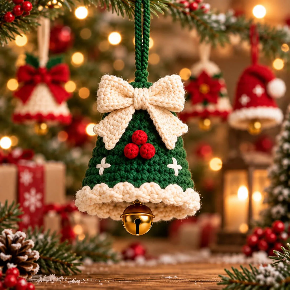 Handmade Crochet Xmas Bell, Christmas Tree Jingle Bell Ornament, Hanging Decor, Farmhouse Tree Decor Gift